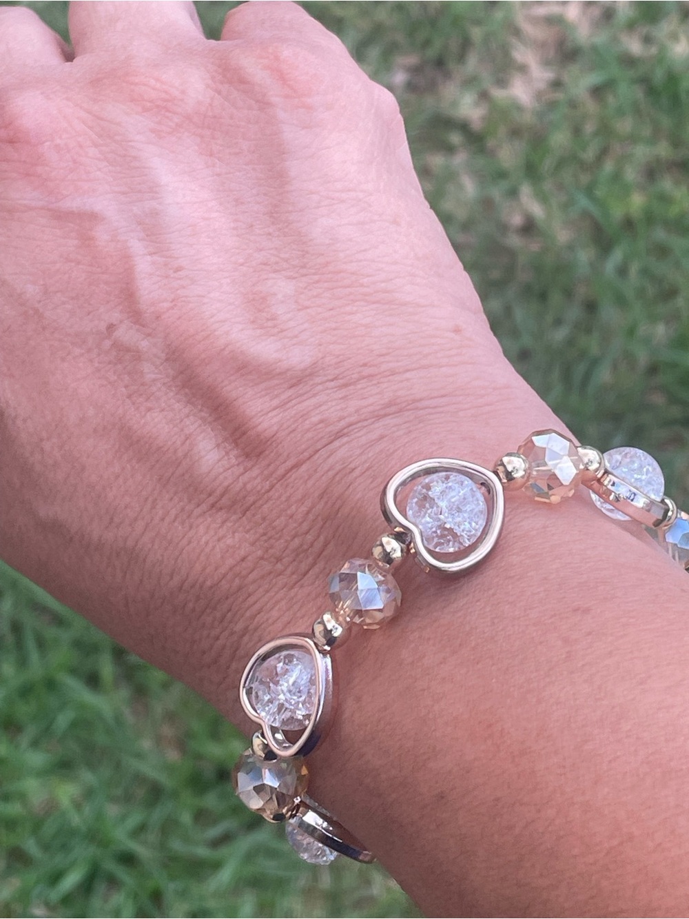 Crackle quartz Gold Crystal Heart Stretch Bracelet - Clear